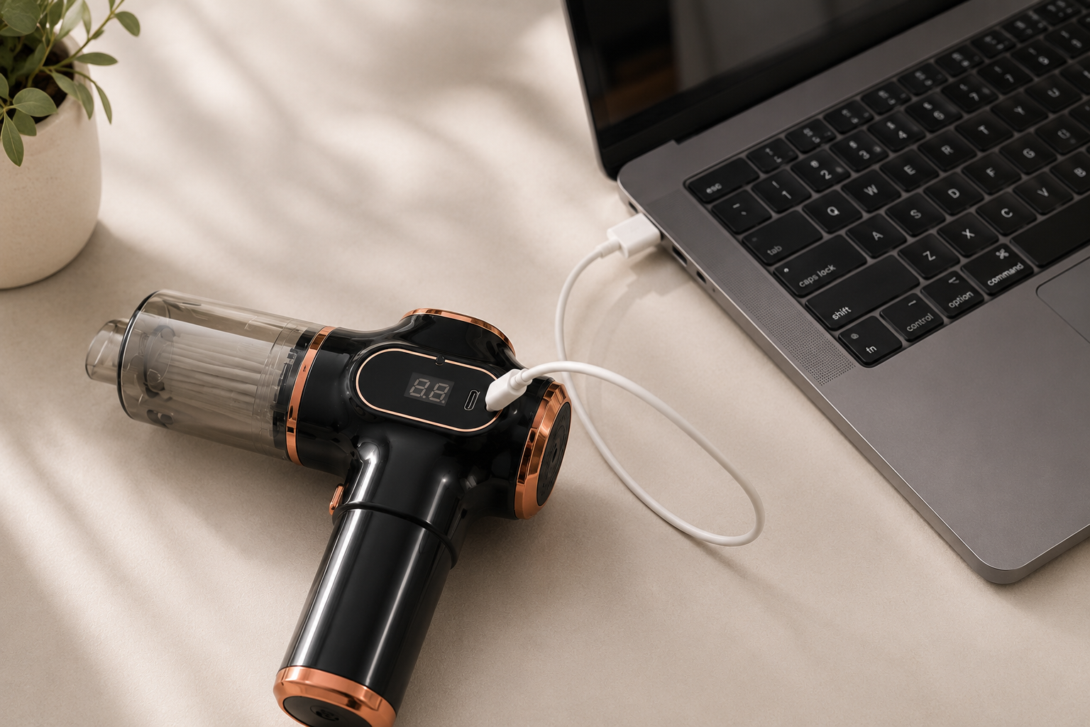 Eazy Mini Vacuum charging beside a laptop